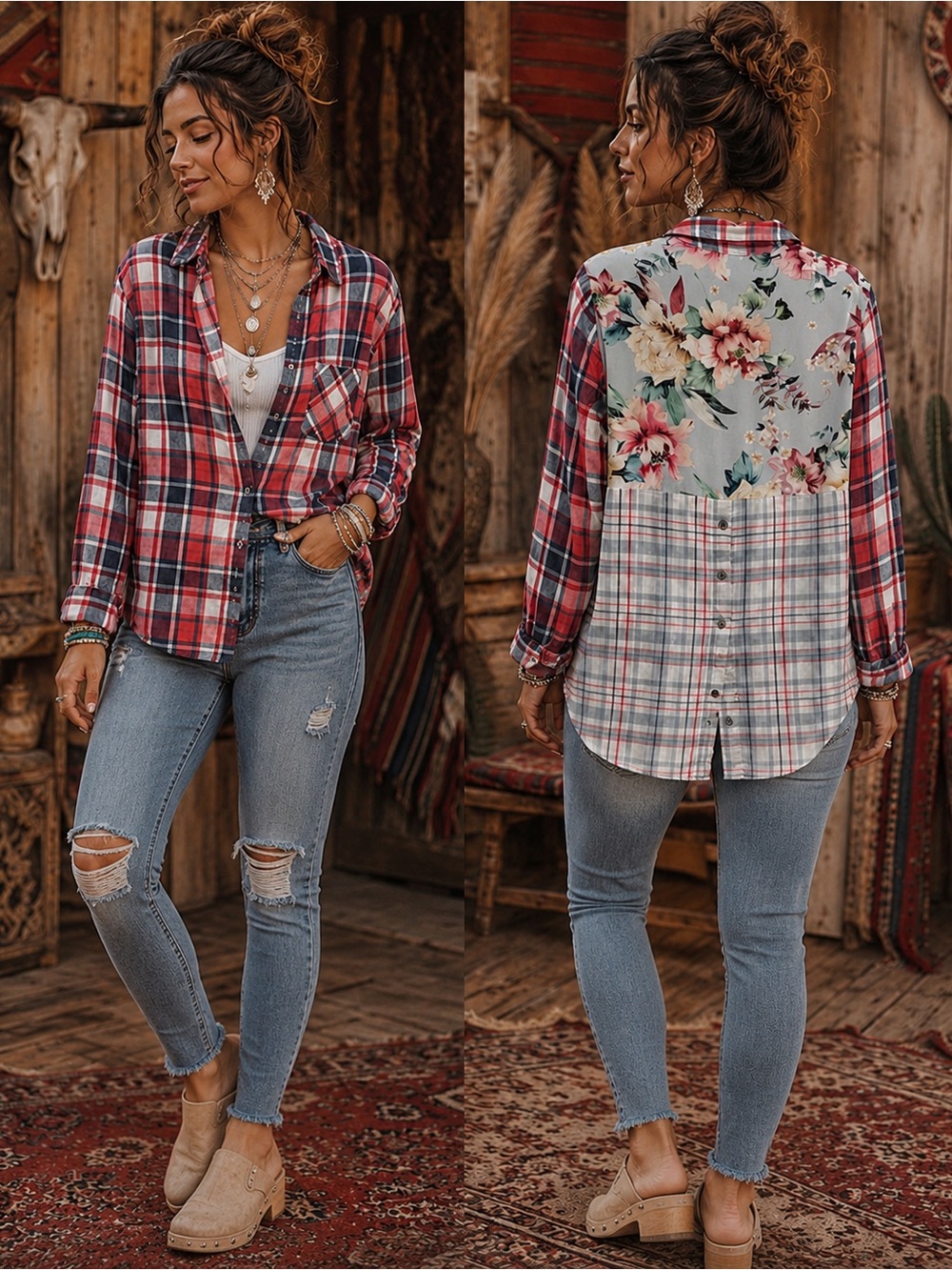 Tribal Jeans Mixed-Media Button-Up with Shirt - Plaid and Floral Print
